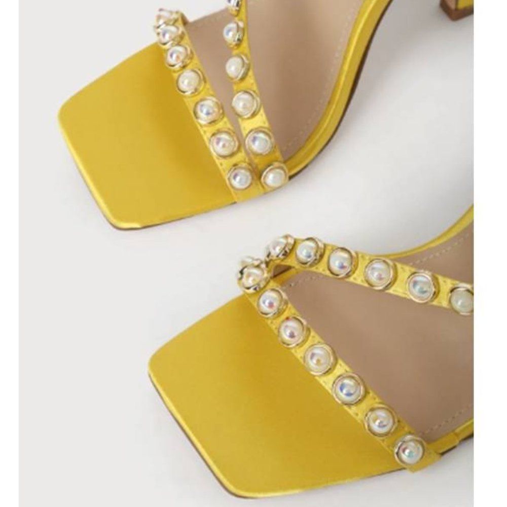 Lulus Women's Satin Pearl Strappy Heeled Sandals Party Marigold Shoes Size 8.5 - Picture 4 of 7